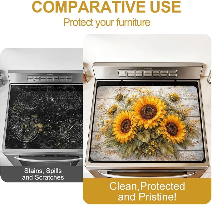 Sunflower Farmhouse Stove Top Cover for Electric Gas Glass Stove | Sunflower kitchen decor, yellow floral; non-slip stovetop cover, glass cooktop noodle board, rustic fall counter mat