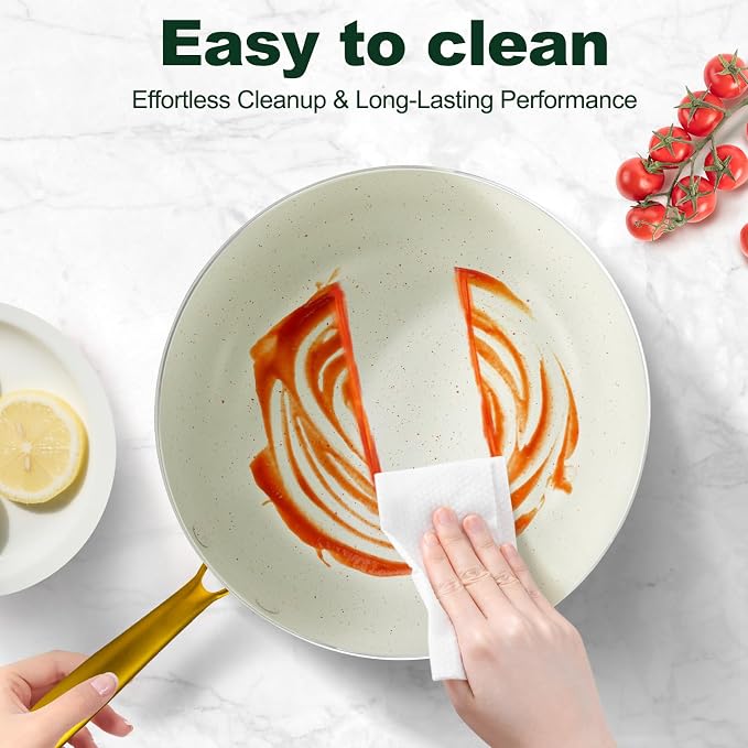 M MELENTA Pots and Pans Set 7 piece, Non Stick White Granite Cookware Set | Compact Starter Cookware, Nonstick Pots and Pans Set, Induction Cookware, Kitchen Cooking Set, Oven Safe, PFOA Free