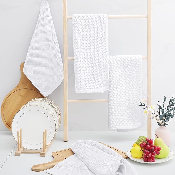 Homaxy 100% Cotton Waffle Weave Kitchen Towels, 10-Pack, White | Ultra Soft Absorbent Dish Towels, Quick Drying Cleaning Towels, 13 x 28 Inches