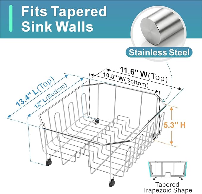Small in Sink Dish Drying Rack - Stainless Steel for RV Kitchen | Compact Design for Apartments, Angled Corners Fit Square & Round Sinks, Utensil Holder, Cup Hooks, 1-2 Person, 11.6" x 13.4"