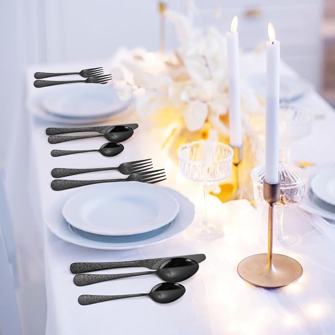 Floral Flatware Set Black for 6 Stainless Steel Silverware 30 Piece Cutlery Unique Eating Utensils Tableware Stylish Fork Spoon Knife With Embossing Rose Flower Handle Festival Parties