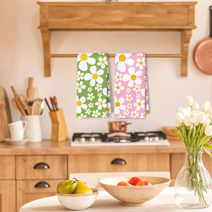 70s Retro White Daisy Floral Kitchen Towels Set of 2, Green and Pink Wildflower Dish Tea Towels for Kitchen Decor, Floral Aesthetic Decorative Hand Towels for Bathroom Decor, 16x24 Inches