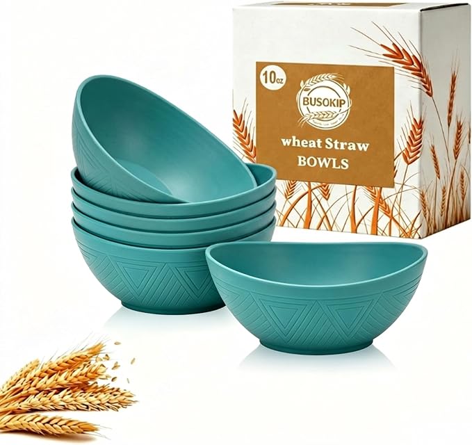 10oz Wheat Straw Bowls Set of 6, Unbreakable Plastic Bowls Reusable for Cereal, Snack, Dessert, Side Dish, Small Prep Bowls, Microwave Safe Bowls for Kitchen, Party, Camping - Green