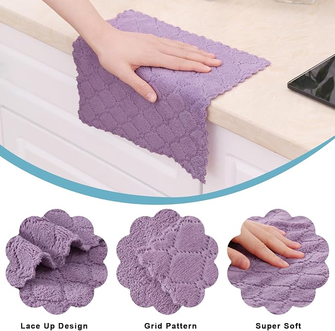Homaxy 12 Pack Super Soft & Absorbent Dish Cloths, 10" x 10", Purple | Coral Velvet, Nonstick Oil Fast Drying Microfiber Cleaning Cloth, No Lint Household Dishcloths
