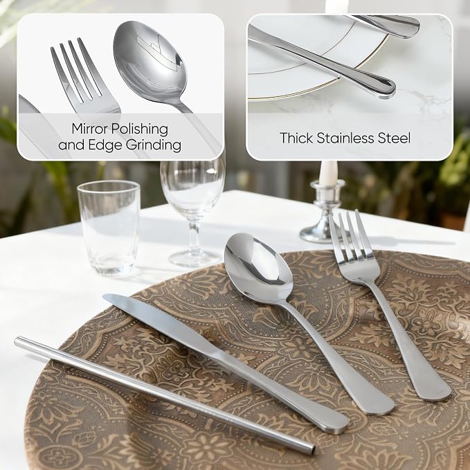 Travel Camping Utensils with Case, 6 Pcs Reusable Stainless Steel Silverware Cutlery Set, Spoon, Fork, Knife + Straw/Brush Kit for Camping, Travel, Office, Lunch Box, Eco On-the-Go (silver)