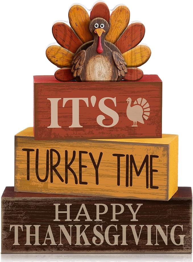 Lineshading 4 Pcs Wooden Turkey Fall Farmhouse Thanksgiving Tabletop Signs | Rustic Tiered Tray Decor, Thanksgiving Turkey Theme Block Signs, Farmhouse Home Table Centerpiece, Wooden Rustic Gift Set