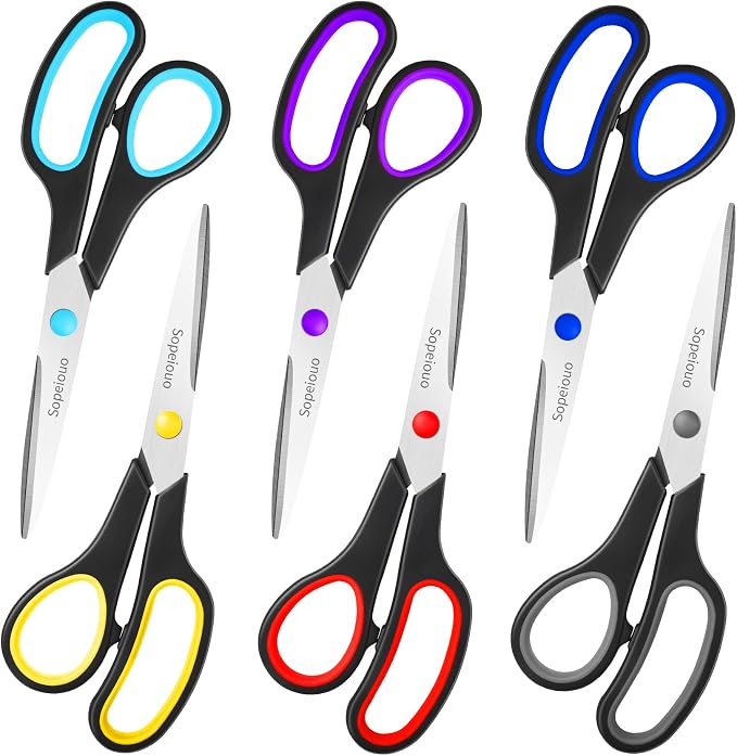 6 Pcs 8” Scissors, Sharp Stainless Steel Comfort Grip for Everyday Use | Right/Left Hand, All Purpose Scissor for Office Home School Craft Sewing Fabric Supplies, High/Middle School Student Teacher
