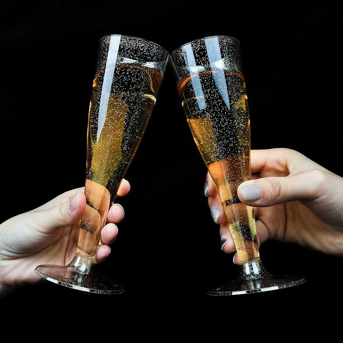 Bestluck 200Pack 4.5oz Gold Glitter Champagne Flutes Plastic | Plastic Disposable Stemware, Disposable Champagne Flutes for Party, Mimosa Bar, Wedding, Anniversary and Graduation
