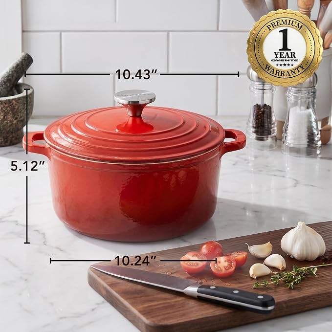 OVENTE 4.6 Qt Aluminum Dutch Oven with Lid, Red DOA546R | Non-Stick Coated Cookware for Sourdough Bread Baking, Braising, Cooking Soups & More, Dishwasher Safe, Works on All Stovetops