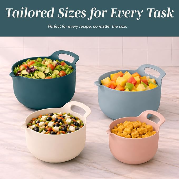 COOK WITH COLOR Nesting Plastic Mixing Bowl Set with Pour Spouts and Handles, Teal and Pink, 4 Piece Non-Slip