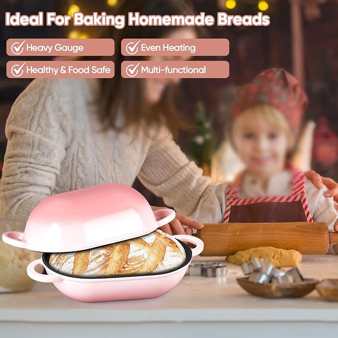 TeamFar Enameled Cast Iron Bread Loaf Pan, 2 QT Oval Dutch Oven with Lid | for Sourdough Bread Baking, Enameled Meatloaf Loaf Baking Pan with Lid, Even Heat Distribution & Self-Basting, Pink