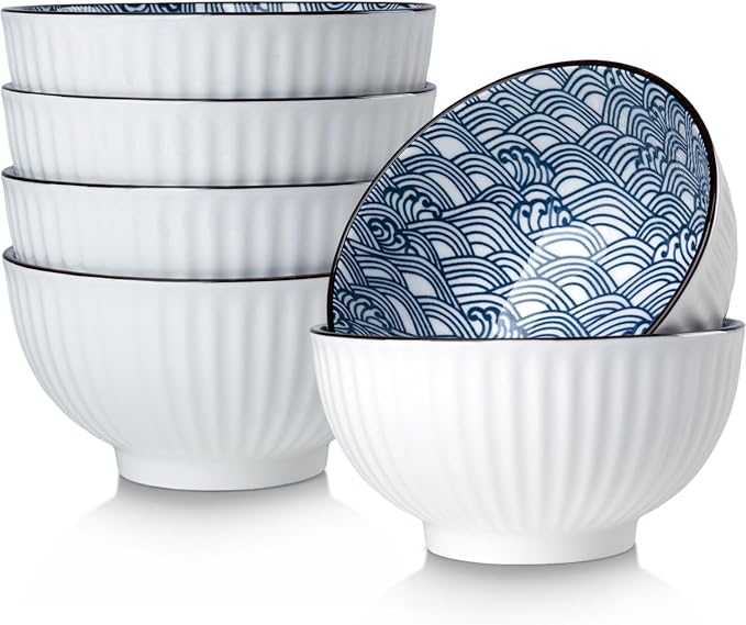 10 oz Small Ceramic Bowls Set of 6, 4.5 Inch Japanese Blue and White Bowls for Ice Cream, Rice, Dessert, Snack, Dipping, Microwave and Dishwasher Safe - Wave Pattern
