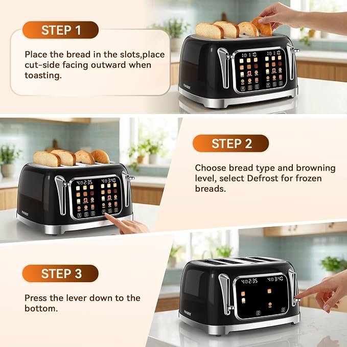 RONGBEST Retro Toaster 4 Slice with Stainless Steel Wide Slot Touch Screen for Family Breakfast, 6 Browning Levels for Bagel & Bread, Reheat & Defrost, Removable Crumb Tray, Jet Black