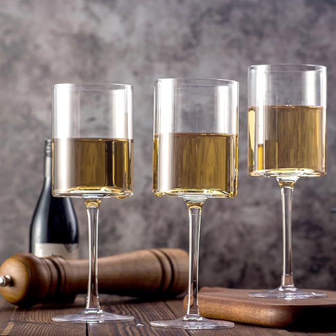 Wine Glasses Set of 4 - Hand Blown wine glass 15oz in Gift Packaging - Large White Wine Glass on Long Stem - Unique Modern Shape - For Wedding, Anniversary, Father’s Day