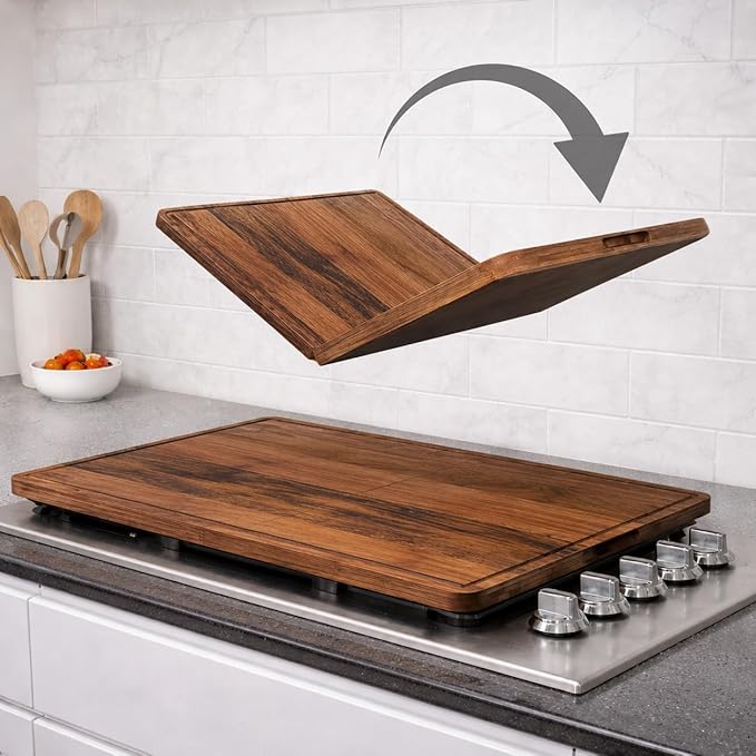 Extra Large Foldable Stovetop Cover Cutting Board – Double-Sided 29" x 21" Collapsible Noodle Board – XL Prep, Charcuterie & Sink Cover | Acacia Wood