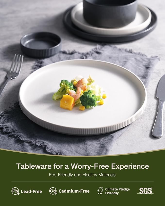 Famiware Star Stoneware Dinnerware Set, Reactive Glaze Plates & Bowls for 4 | 12-Piece Handmade Ribbed Dishes, Chip & Scratch Resistant Ceramic. Microwave & Dishwasher Safe, Rustic Modern, White & Black