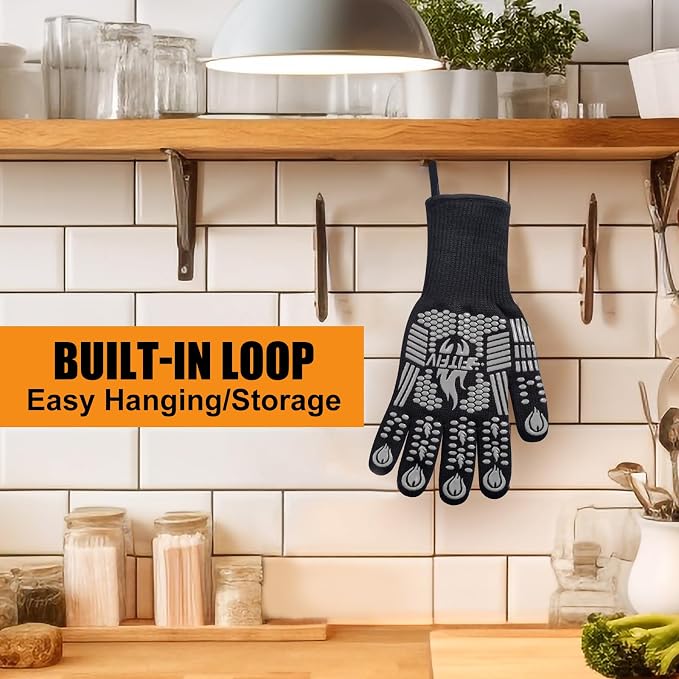 BBQ Gloves, 1472°F Heat Resistant with Silicone Grip Oven Mitts | Non-Slip Grip, for BBQ, Grilling, Oven, Smoker, Cooking and Baking