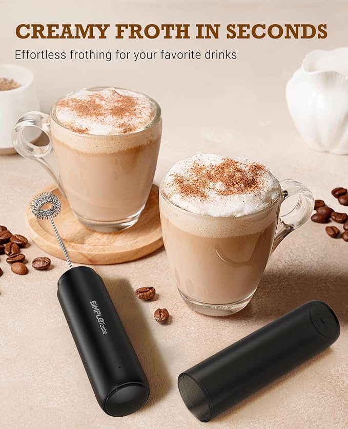 SIMPLETASTE Rechargeable Milk Frother Handheld Dual Coil Whisk Head Mixer | USB-C Portable Hand Frother Wand Drink Mixer for Cappuccino, Bulletproof Coffee, Latte, Black