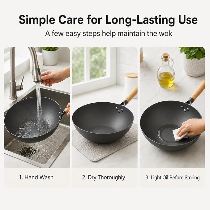High-Purity Iron Carbon Steel Wok with Lid, 11.8 Inch Flat Bottom Wok Pan, Uncoated Stir Fry Pan with Wood Handle, Compatible with Gas, Electric, Induction and Ceramic Stoves