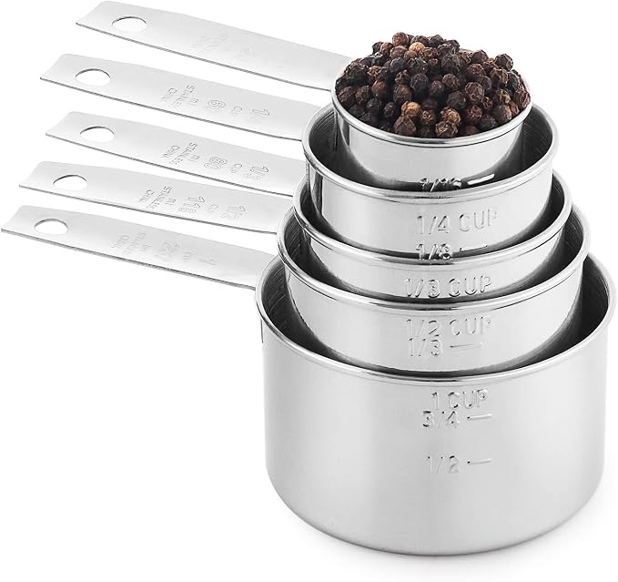 Laxinis World Stainless Steel Measuring Cups Set, 5-Piece, 1-Pack | Satin-brushed Steel, Engraved Metric and US Standard Markings, Elongated Handles, Nesting Ring Storage, and Dishwasher Safe