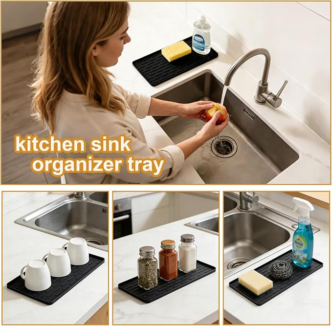 Silicone Coffee Mat 16 x 7 in Classic Black | Coffee bar mat for countertop use Heat-Resistant,Eco-friendly,Hygienic Drying Pad,Leak-Proof and Non-Slip