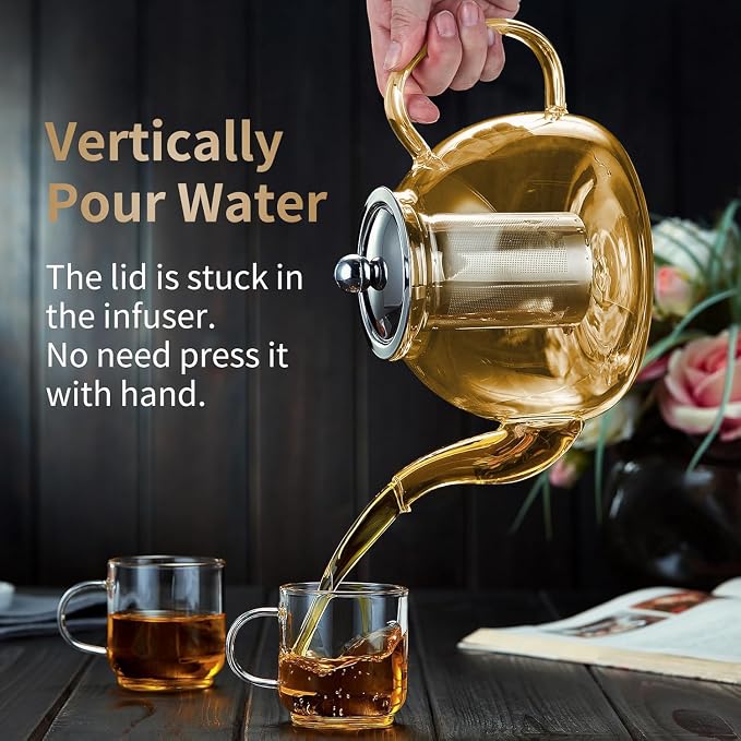 DOPUDO 40OZ (1200ML) Glass Teapot with Infuser Stovetop Safe, Clear Glass Tea Pot Kettle, Borosilicate Tea Pot with Infusers Filter for Loose Tea, Tea Kettle Dishwasher Safe (Champagne)