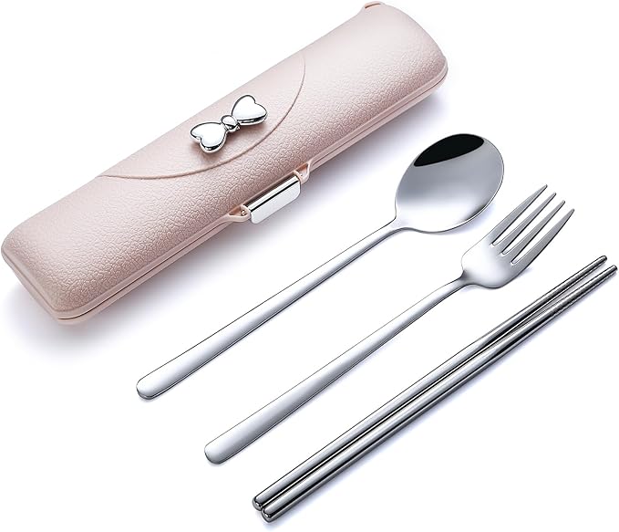 DEVICO Travel Silverware Set with Case,Portable Lunch Utensils Set for Work | 4Pcs 18/8 Stainless Steel Reusable Travel Cutlery Set, Fork and Spoon Set for Camping/School/Lunch Box, Dishwasher Safe, Pink