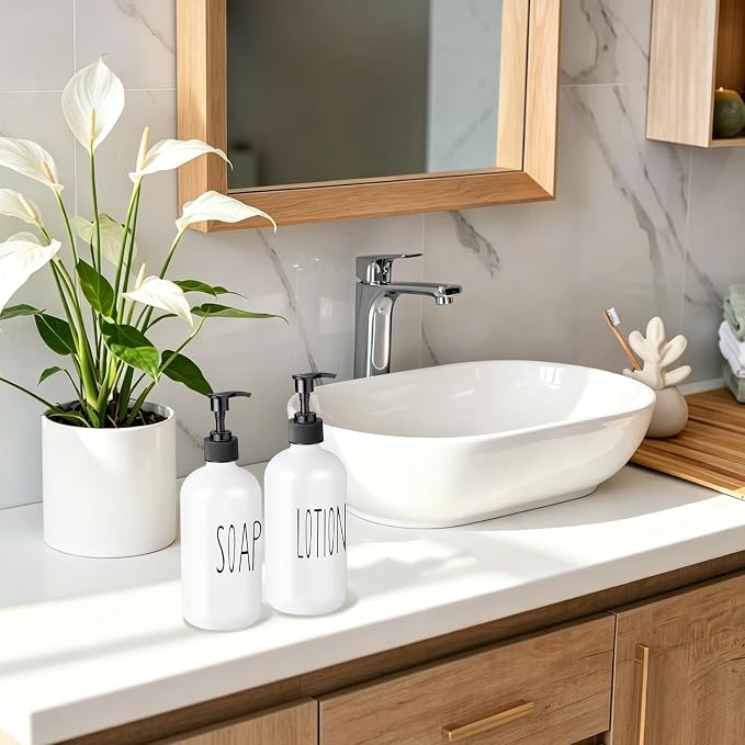 COHOSEGE Glass Soap Dispenser Set 2 Pack,16 Oz Hand Soap Dispenser for Bathroom,White Kitchen Accessories and Bathroom Decor,Soap and Lotion Dispenser Set for Bathroom