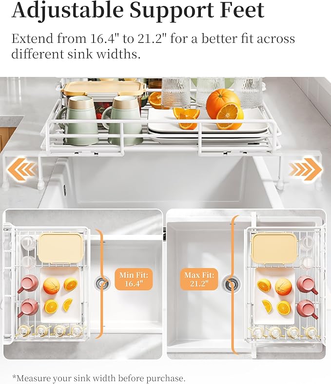 SAYZH Expandable Dish Drying Rack for Kitchen Counter, Metal, White | Foldable Over Sink, Large Capacity, Rust-Resistant, Adjustable for Most Sinks, Automatic Drainage, Removable Utensil Holder