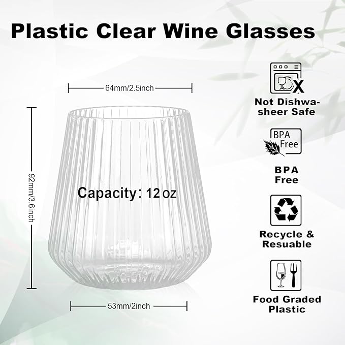 BESTSTAR 72 Pcs 12oz Plastic Clear Ribbed Wine Glasses,Origami Ripple Glass | Disposable Champagne Glasses Elegant Whiskey Glasses Ideal for Weddings, Bars, Christmas, Halloween, Pool Party, Daily Use