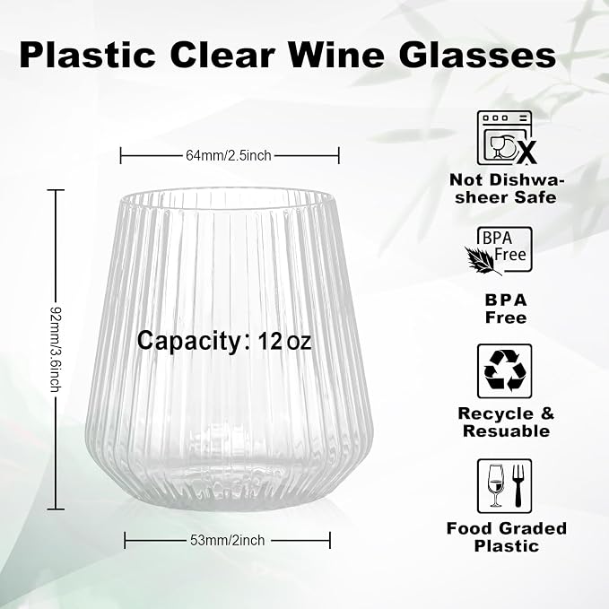 BESTSTAR 36 Pcs 12oz Plastic Clear Ribbed Wine Glasses,Origami Ripple Glass | Disposable Champagne Glasses Elegant Whiskey Glasses Ideal for Weddings, Bars, Christmas, Halloween, Pool Party, Daily Use