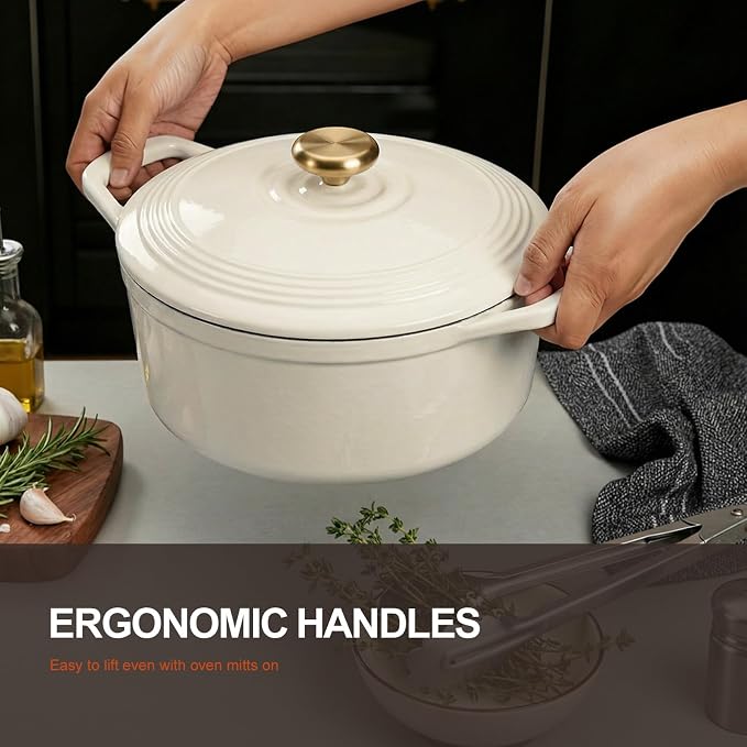Overmont Enameled Cast Iron Dutch Oven - 5.5QT Pot with Lid Cookbook & Cotton Potholders - Heavy-Duty Cookware for Braising, Stews, Roasting, Sourdough Baking Cream White