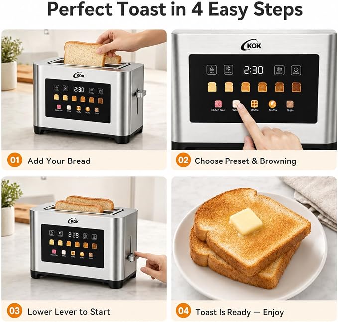 KOK 2 Slice Touch Screen Toaster, Stainless Steel Smart Toaster with 1.6” Extra Wide Slots, 6 Browning Levels & 5 Bread Presets, Digital Timer Defrost Reheat Cancel, Removable Crumb Tray for Kitchen