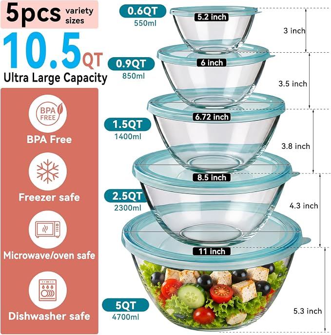 YUANYE 5 Pack Glass Mixing Bowls with Lids Set (5QT/2.5/1.5/0.9/0.6QT), Thick Glass Large Salad Bowl Set, Nesting Kitchen Bowls for Serving,Prepping,Cooking and Baking,Dishwasher,Oven,Microwave Safe