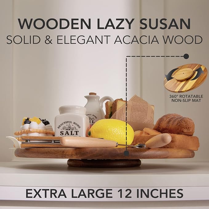 Acacia Wood Lazy Susan Wood Turntable Tray Cabinet Organizer, 12"