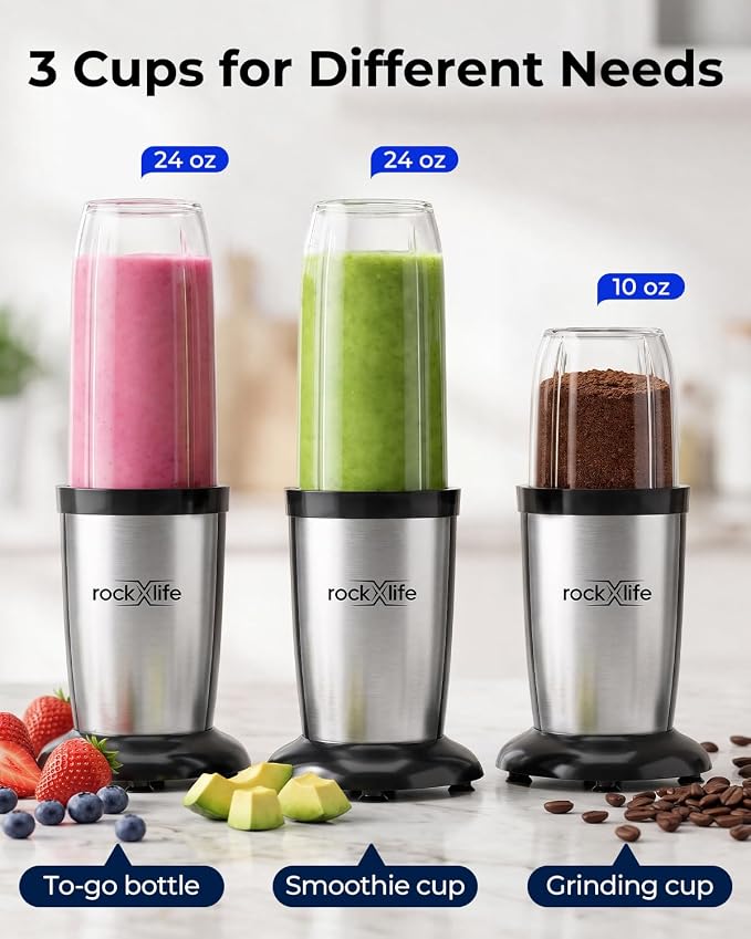 Personal Blender, Silver, 2-in-1 Smoothie Maker & Grinder | for smoothies, protein shakes, ice crushing, coffee beans, spices and nuts; BPA-free dishwasher-safe cups