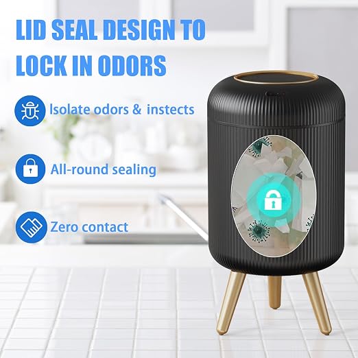 URALFA Motion Sensor Trash Can Bathroom, 3 Gal Automatic Trash Can with Lid | Touchless Sensor Garbage Can with Removable Legs, Smart Waterproof Trash Bin for Bedroom, Office, Restroom, Black and Gold