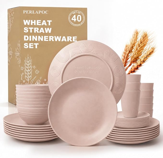Wheat Straw Dinnerware Sets for 8, 40 Piece Unbreakable Dinnerware Set, Plates and Bowls Sets, Kitchen Plates and Bowls Set, Lightweight Dish Set for Travel Camping Party Outdoor Use - Muted Pink