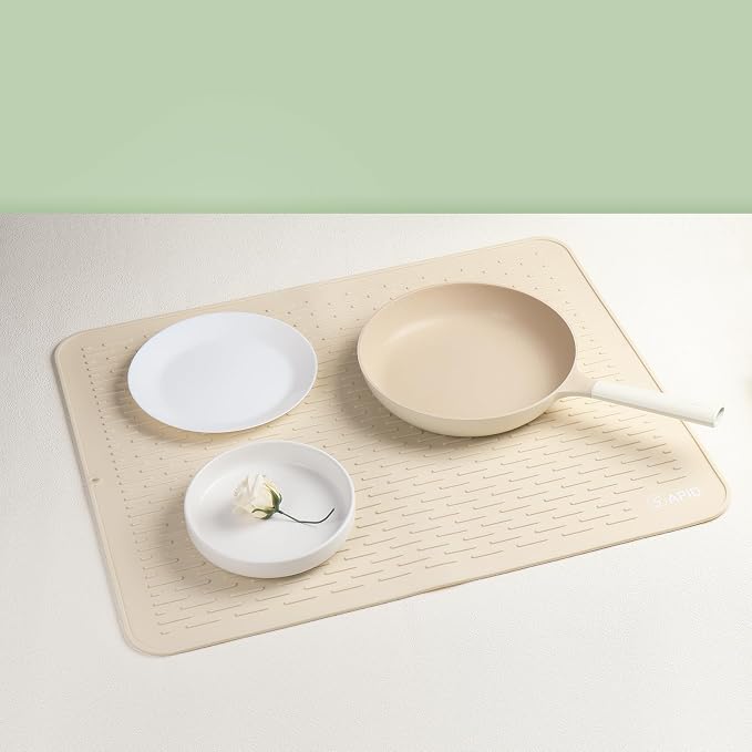 Extra Large 30x24 Inch Silicone Dish Drying Mat for Rack & Kitchen Counter | Easy Clean Silicone Drying Mat for Kitchen Counter , Non-Slip Dish Drain Mat , Heat Resistant Silicon Dish Mat, Beige, SAPID