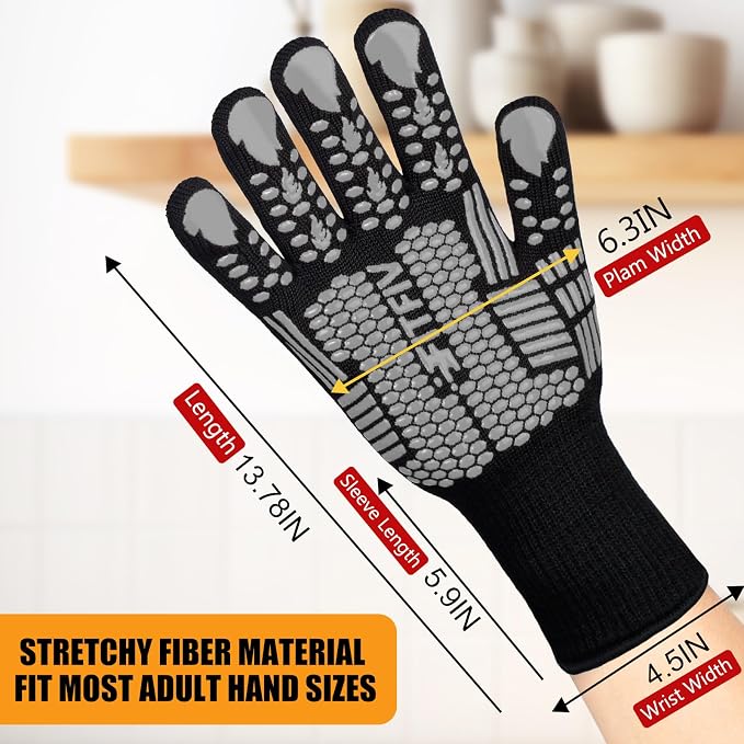BBQ Gloves, 1472°F Heat Resistant with Silicone Grip Oven Mitts | Non-Slip Grip, for BBQ, Grilling, Oven, Smoker, Cooking and Baking