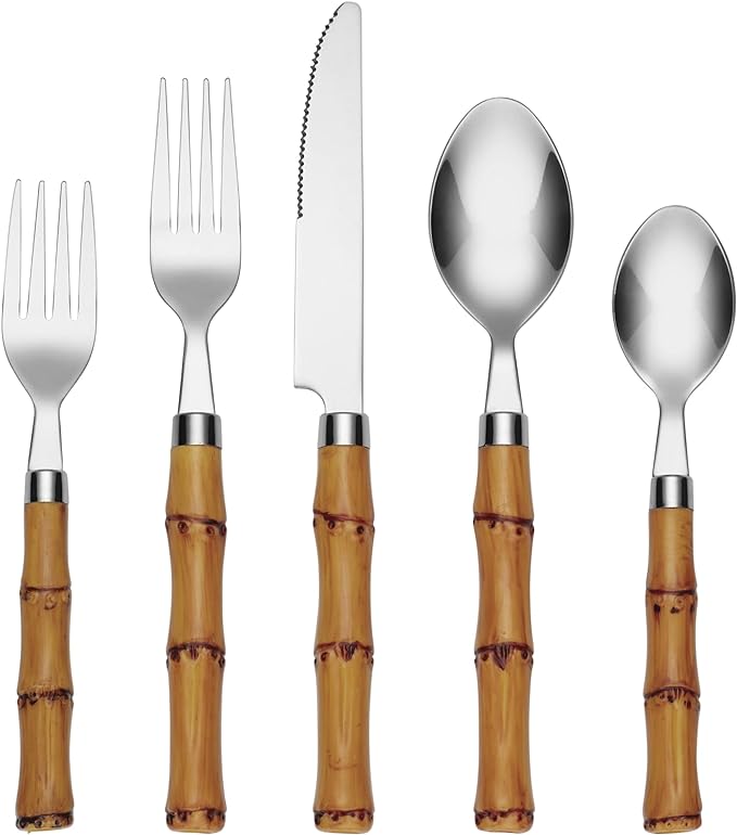 Cambridge Bamboo Plastic Handle 20-Piece Silverware Set for 4, Flatware | silver, dishwasher safe | includes knives, forks, and spoons | heavy duty, cutlery set for kitchen and dining, utensil set