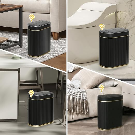 ELPHECO Motion Sensor Bathroom Trash Can with Lid 2 Gal Automatic Trash Can | Butterfly Lid, Room Decor Bathroom Accessories, Motion Sensor Wastebasket Garbage Can, Kitchen Living Room Office, Black Gold