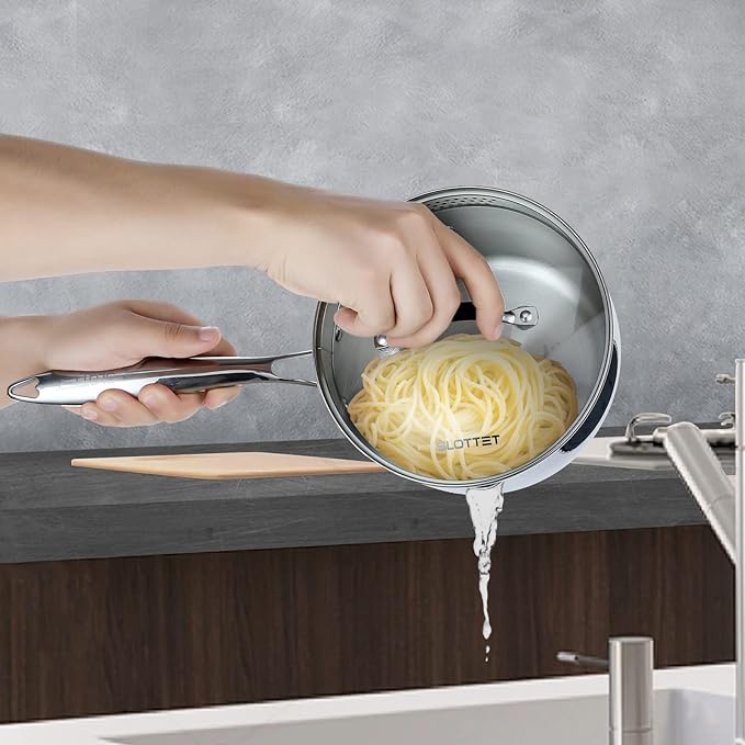 SLOTTET 3.5 Quart Stainless Steel Saucepan with Pour Spout, Tri-Ply Full Body Small Multipurpose Pot with Strainer Glass Lid, 3 Qt Sauce Pan for Cooking with Stay-cool Handle.