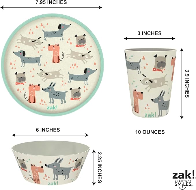 Zak Designs Kids Dinnerware Set 3 Pieces, Durable and Sustainable Melamine Bamboo Plate, Bowl, and Tumbler are Perfect For Dinner Time With Family (Dog)