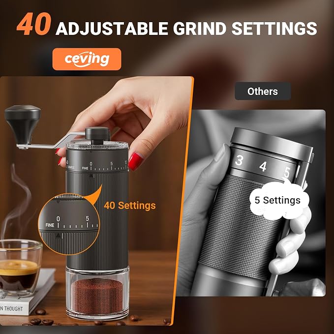 CEVING Mini Manual Coffee Grinder With 40 Adjustable Settings, Black | Portable Hand Coffee Bean Mill with Ceramic Conical Burrs, 30g Capacity, Ideal for Travel, Camping, French Press, Pour Over
