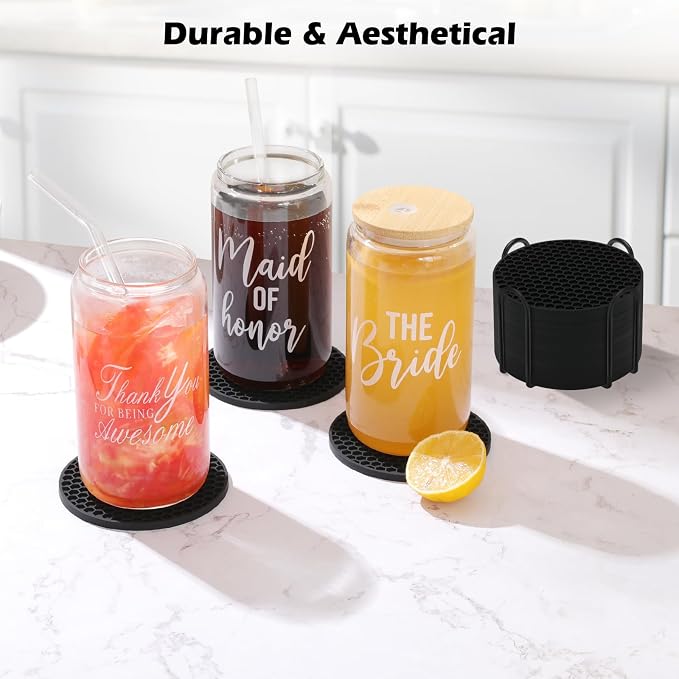 TWTLi Silicone Coasters Set of 12 with Holder — Non-Slip Drink Coasters for Coffee Table, Home Bar & Kitchen, Protects Wood & Marble Surfaces from Water Rings, Dishwasher Safe (12 Pcs, Black)