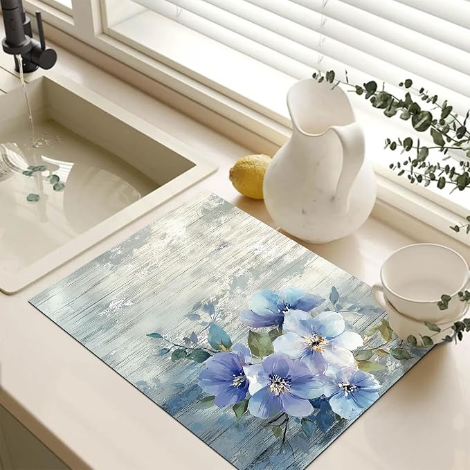 HOMETITUTE Blue Blossom Stove Top Cover 28x20 Elegant Floral Diatomite Mat