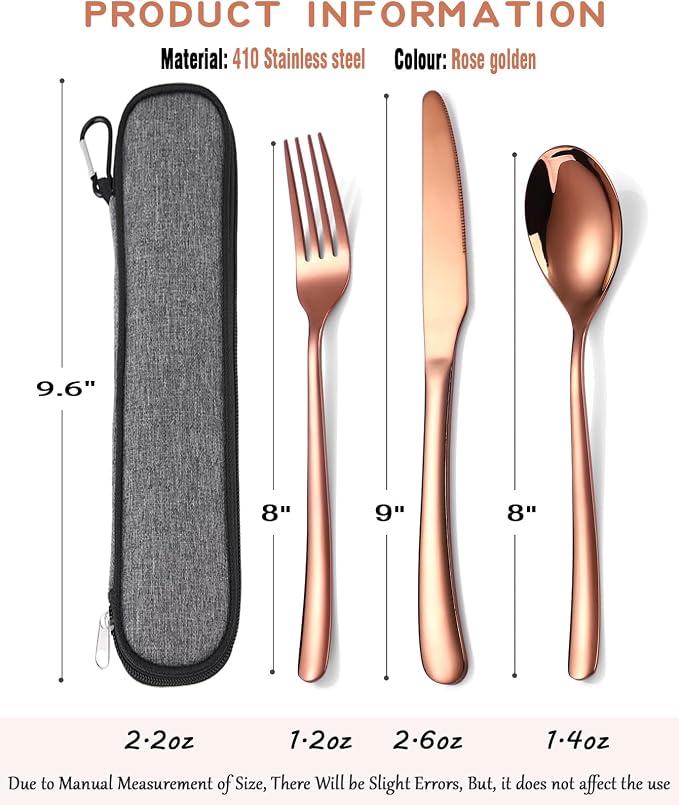 MURRI&MURRDI Travel Stainless Steel Cutlery Set for 1, Reusable Flatware Set with Case, Camping Silverware Set for Work, Knife Fork Spoon Utensil Set 3 Piece (Rose Gold)