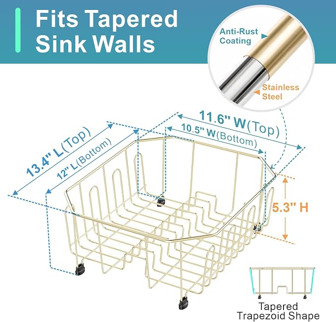 Small in Sink Dish Drying Rack - Stainless Steel for RV Kitchen | Compact Design for Apartments, Angled Corners Fit Square & Round Sinks, Utensil Holder, Cup Hooks, 1-2 Person, 11.6" x 13.4"