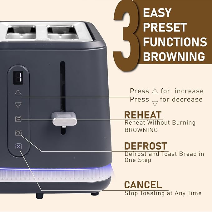 Stainless Steel Toaster 2 Slices, Toasters Wide Slot, Bread Toaster with Cancel, Reheat, Defrost Function, Bagel Toasters with Removable Tray & 6 Temperature Settings, LED Display, Grey